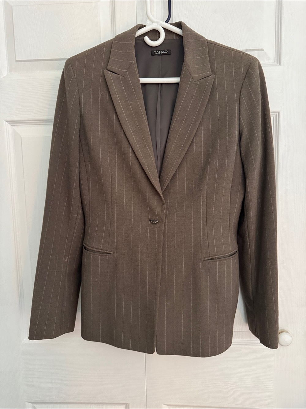 Tahari Brown Pinstripe Single-Button Blazer and pants